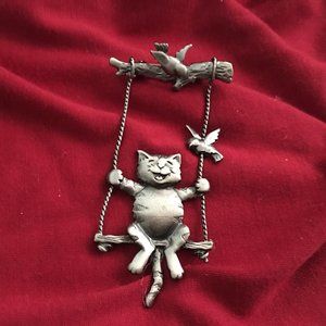 SWINGING ON A BRANCH CAT AND BIRDS